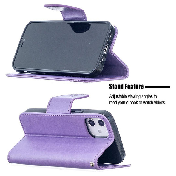 iPhone 12 mini Embossing Two Butterflies Pattern Horizontal Flip PU Leather Case with Holder & Card Slot & Wallet & Lanyard(Purple)