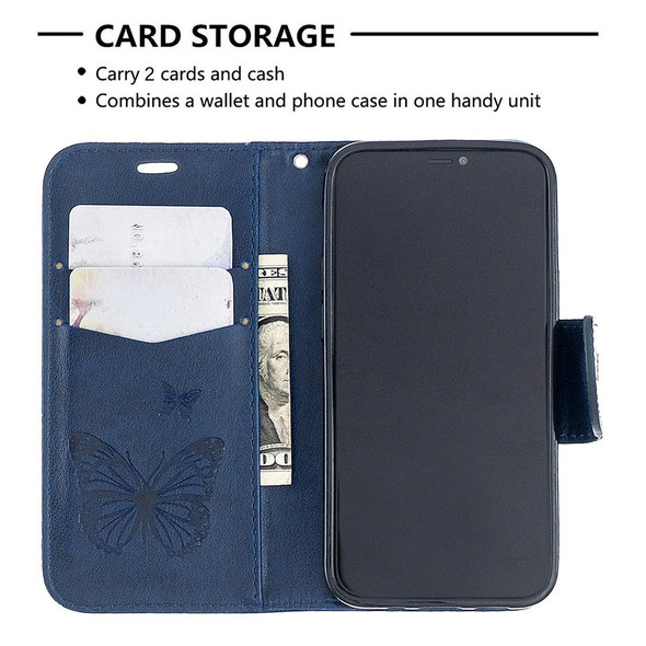 iPhone 12 mini Embossing Two Butterflies Pattern Horizontal Flip PU Leather Case with Holder & Card Slot & Wallet & Lanyard(Blue)