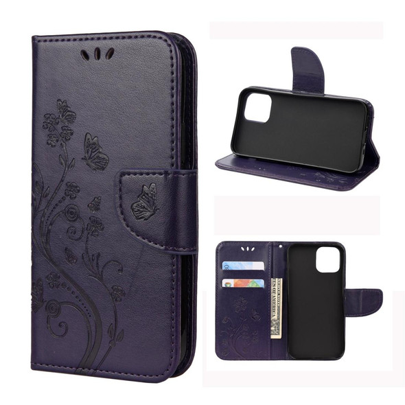 iPhone 12 Pro Max Butterfly Flower Pattern Horizontal Flip Leather Case with Holder & Card Slots & Wallet(Deep Purple)