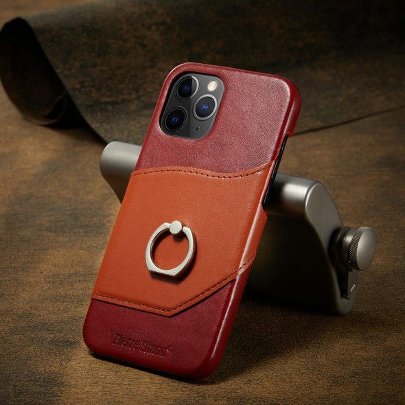 iPhone 12 / 12 Pro Fierre Shann Oil Wax Texture Genuine Leather Back Cover Case with 360 Degree Rotation Holder & Card Slot(Red+Light Brown)