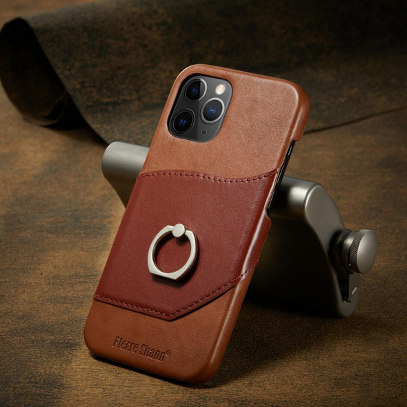 iPhone 12 / 12 Pro Fierre Shann Oil Wax Texture Genuine Leather Back Cover Case with 360 Degree Rotation Holder & Card Slot(Light Brown+Dark Brown)