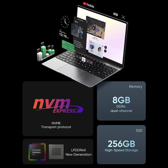 CHUWI LarkBook X Laptop, 14 inch, 8GB+256GB, Windows 10, Intel Celeron N5100 Quad Core 1.1GHz-2.8GHz, Support Dual Band WiFi / Bluetooth / TF Card Extension (Dark Gray)