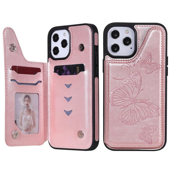 Butterfly Embossing Pattern Shockproof Protective Case with Holder & Card Slots & Photo Frame - iPhone 12 Pro Max(Rose Gold)