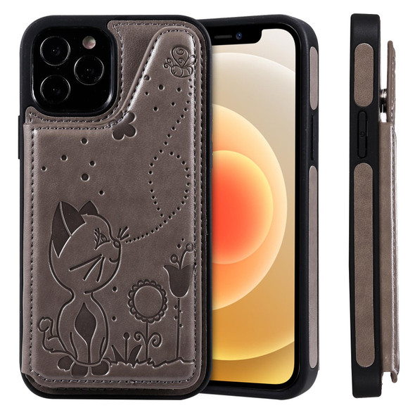 Cat Bee Embossing Pattern Shockproof Protective Case with Card Slots & Photo Frame - iPhone 12 / 12 Pro(Grey)