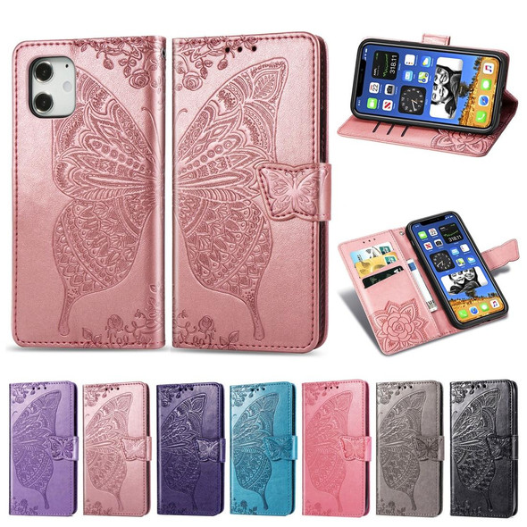 iPhone 12 / 12 Pro 6.1 inch Butterfly Love Flower Embossed Horizontal Flip Leather Case with Bracket / Card Slot / Wallet / Lanyard(Rose Gold)