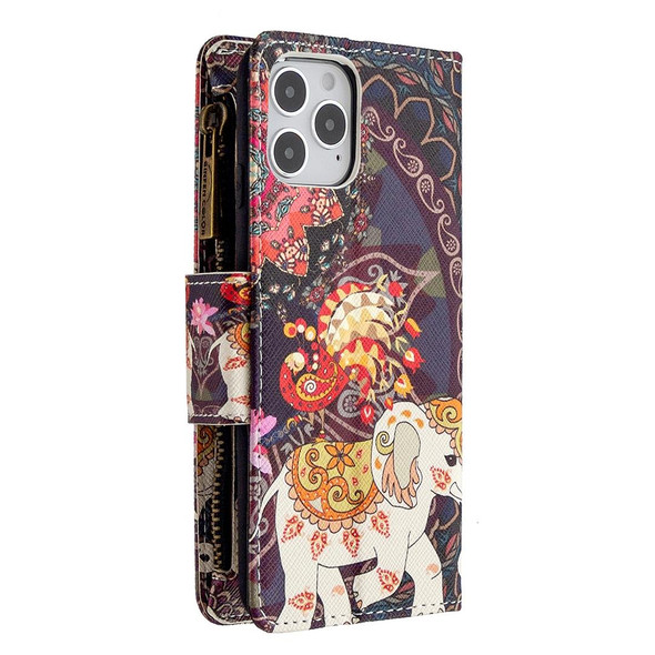 iPhone 12 / 12 Pro Colored Drawing Pattern Zipper Horizontal Flip Leather Case with Holder & Card Slots & Wallet(Flower Elephants)