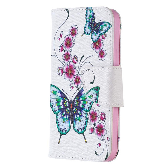 iPhone 12 mini Colored Drawing Pattern Horizontal Flip Leather Case with Holder & Card Slots & Wallet(Peach Blossom and Butterfly)