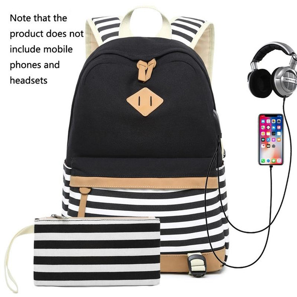 2 PCS/Set Printed Canvas Backpack Student School Bag Striped Large Capacity Backpack(Grey)