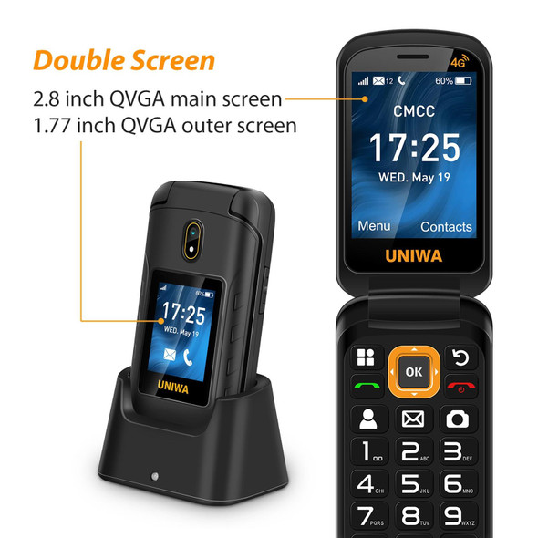 UNIWA V909T Flip Phone, 2.8 inch + 1.77 inch, UNISOC Tiger T107, Support Bluetooth, FM, Network: 4G, SOS, with Charge Dock Base(Black)