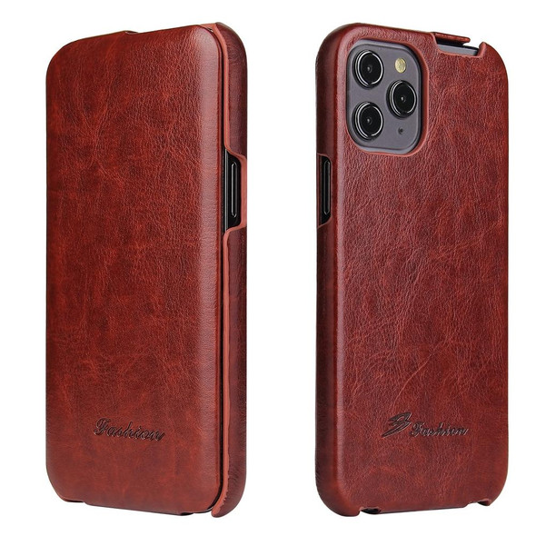 Fierre Shann Retro Oil Wax Texture Vertical Flip PU Leatherette Case - iPhone 12 mini(Brown)