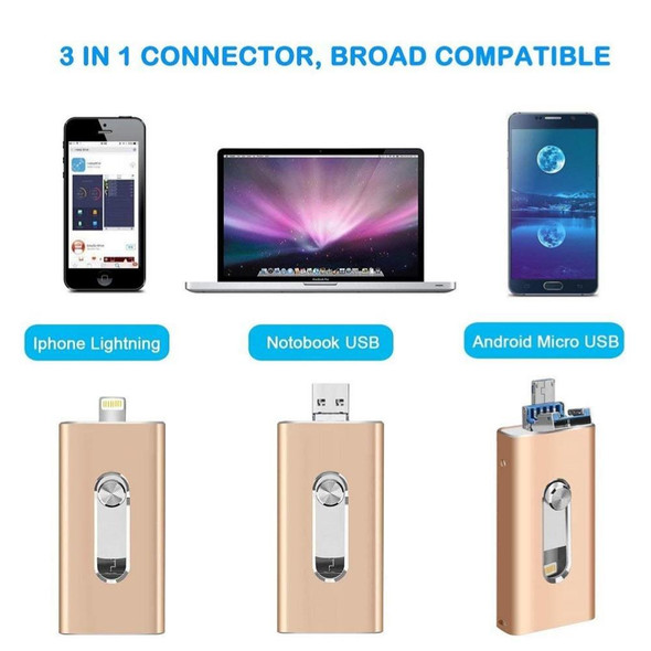 RQW-02 3 in 1 USB 2.0 & 8 Pin & Micro USB 16GB Flash Drive, for iPhone & iPad & iPod & Most Android Smartphones & PC Computer(Blue)