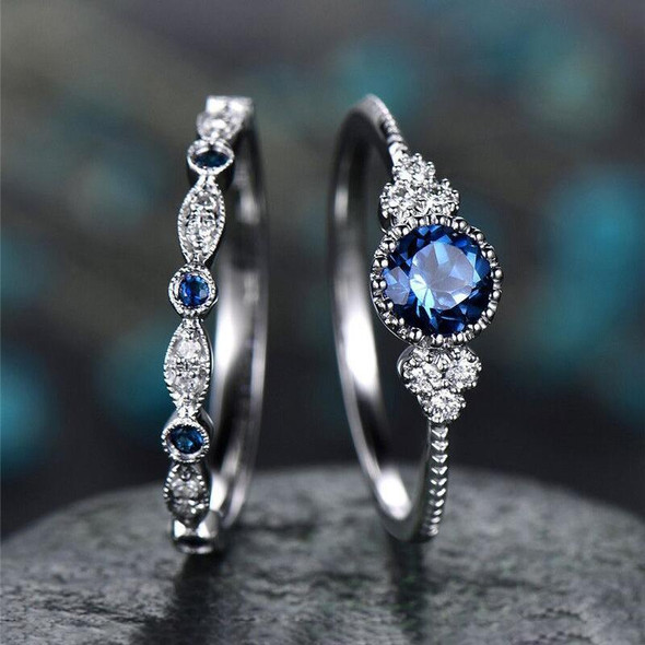 2 PCS/Set Women Fashion Zircon Gemstone Ring 7(Blue)
