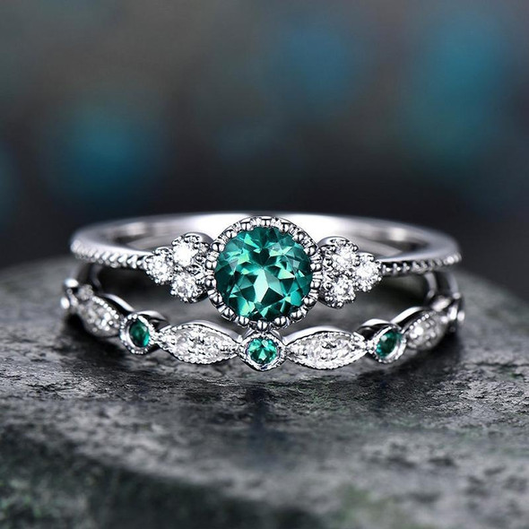 2 PCS/Set Women Fashion Zircon Gemstone Ring 7(Green)