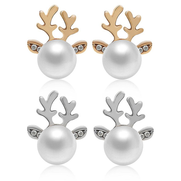 2 Pairs Micro-set Pearl Antler Earrings Deer Head  Earrings Elk Ear Studs(Gold)