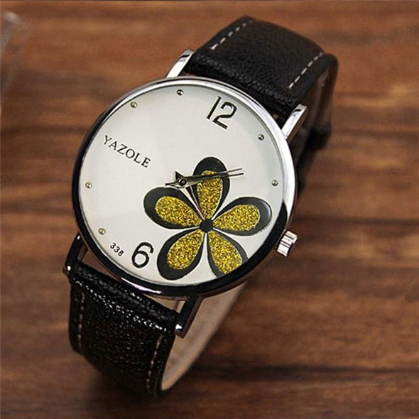 YAZOLE Ladies OL Style Four-leaf Clover Pattern Quartz Watch(338 white plate purple flower black belt)