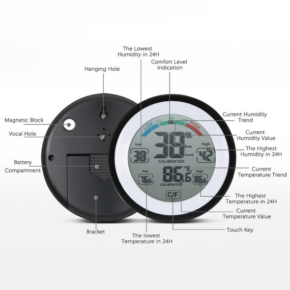 TS-S93 Multifunctional Digital Thermometer Hygrometer Temperature Humidity Meter, Value Trend Display C/Funit