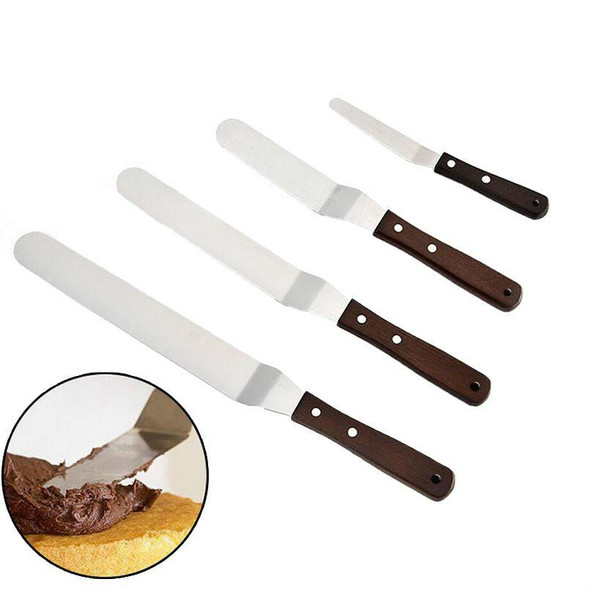 3 PCS Wooden Handle Spatula Baking Stainless Steel Cake Straight Knife(6 Inch With Hole Curved Body)