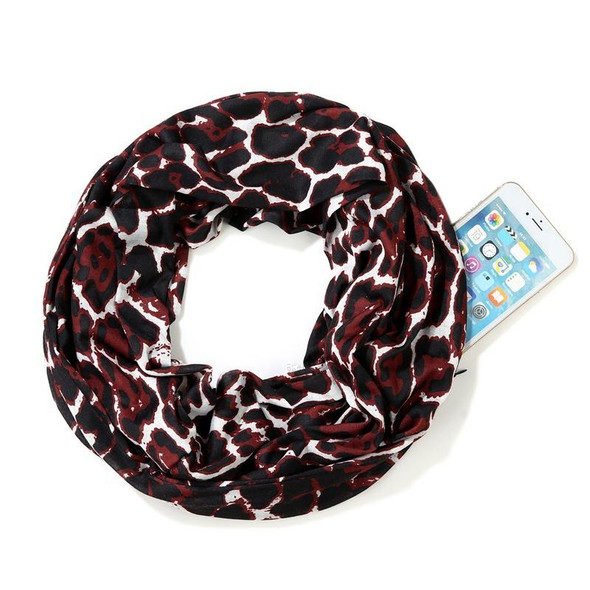 Multi-function Fashion Zip Pocket Design Scarf(Leopard Black Red)