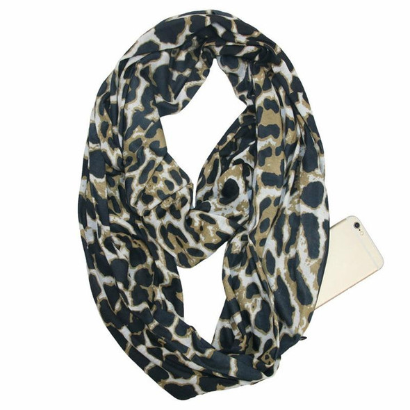 Multi-function Fashion Zip Pocket Design Scarf(Leopard Black Khaki)