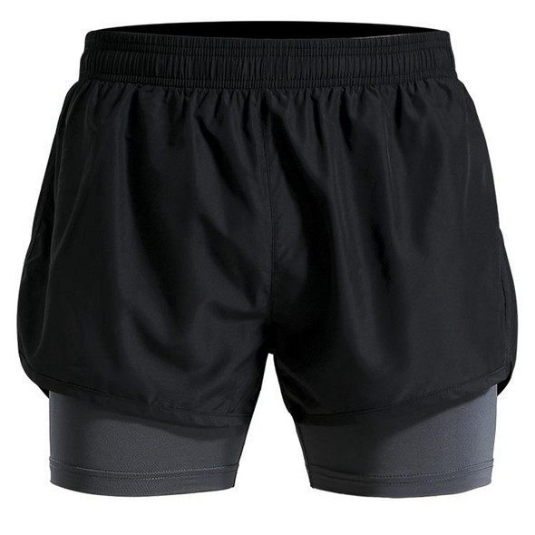 Men Fake Two-piece Sports Stretch Shorts (Color:Black Gray Size:XXXL)