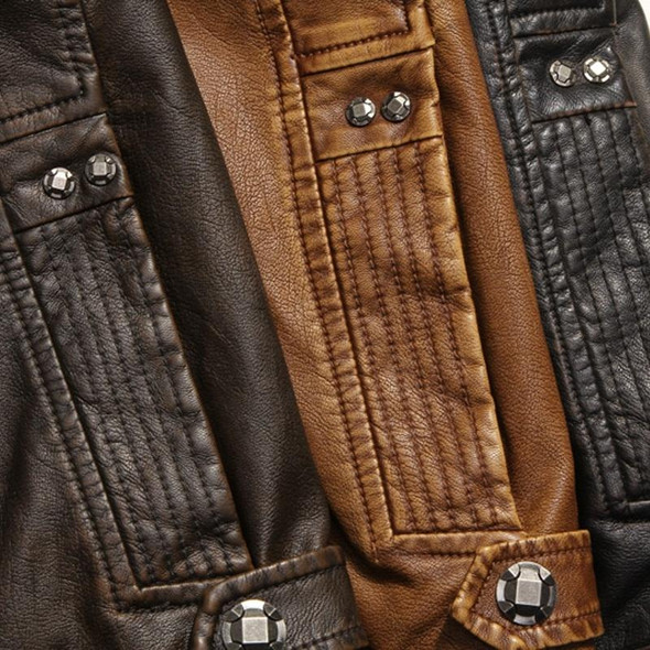 Men Plus Velvet Fashion Leather Jacket Motorcycle Coat (Color:Khaki Size:L)