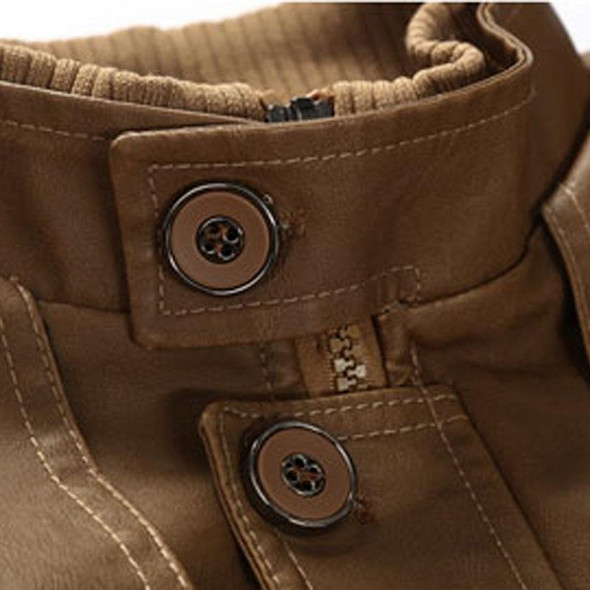 Men Long Style Leather Jacket Coat (Color:Khaki Size:L)