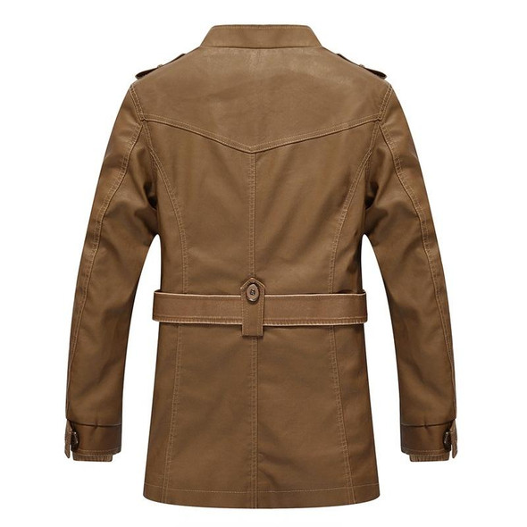 Men Long Style Leather Jacket Coat (Color:Khaki Size:M)