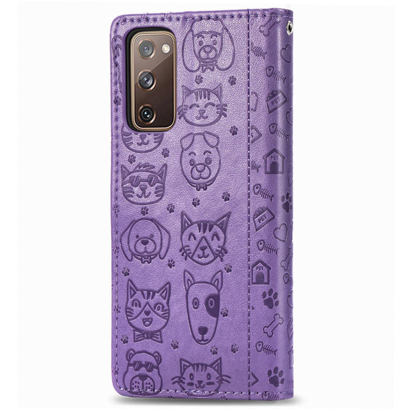 Galaxy S20 FE / S20 Lite Cute Cat and Dog Embossed Horizontal Flip Leather Case with Bracket / Card Slot / Wallet / Lanyard(Purple)