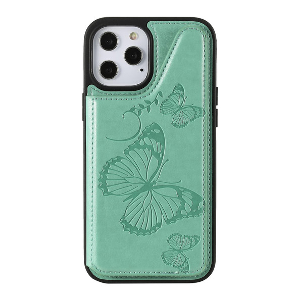 Butterfly Embossing Pattern Shockproof Protective Case with Holder & Card Slots & Photo Frame - iPhone 12 Pro Max(Green)