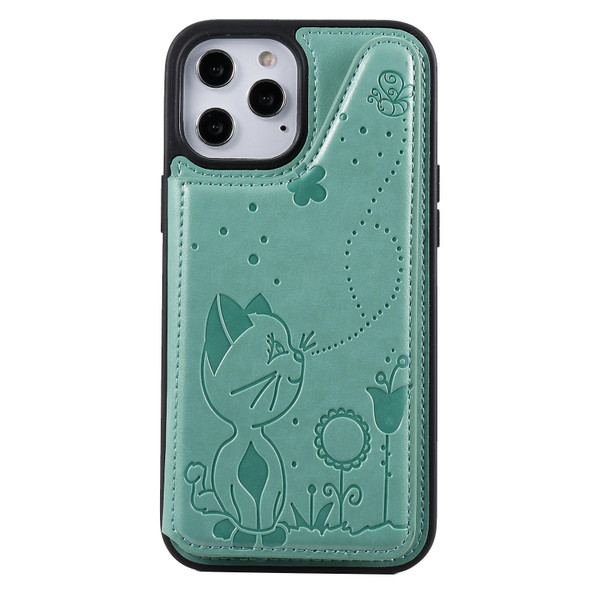 Cat Bee Embossing Pattern Shockproof Protective Case with Card Slots & Photo Frame - iPhone 12 Pro Max (Green)