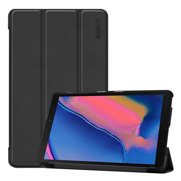ENKAY PU Leatherette + Plastic Bottom Case with Three-folding Holder for Samsung Galaxy Tab A 8 (2019) P200 / P205(Black)