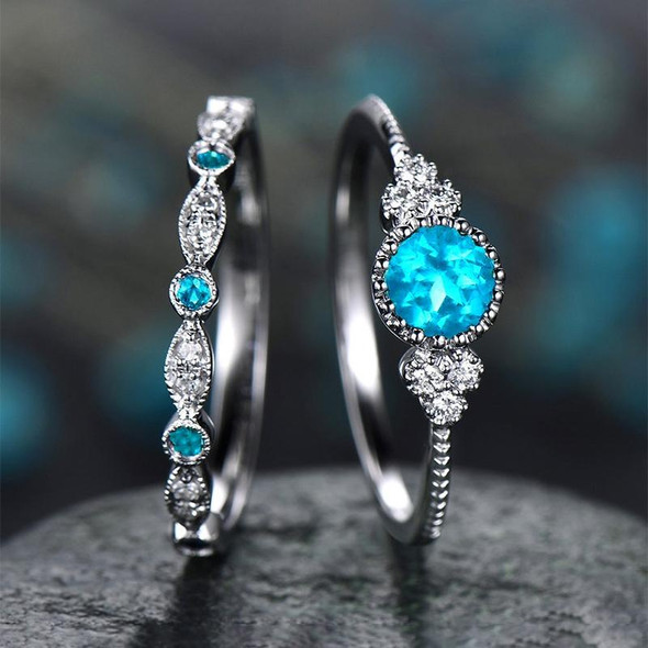 2 PCS/Set Women Fashion Zircon Gemstone Ring 8(Lake Blue)