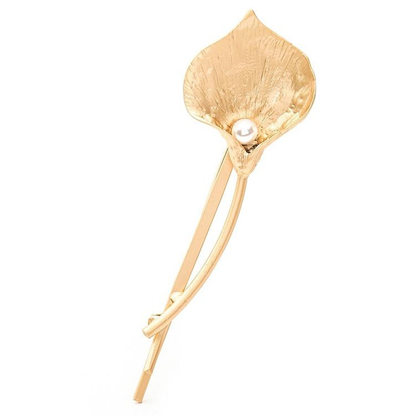 2 PCS Fashion Wedding Hair Jewelry Flower Barrettes Solid Metal Leaf Pearl Hairpins(01 gold)