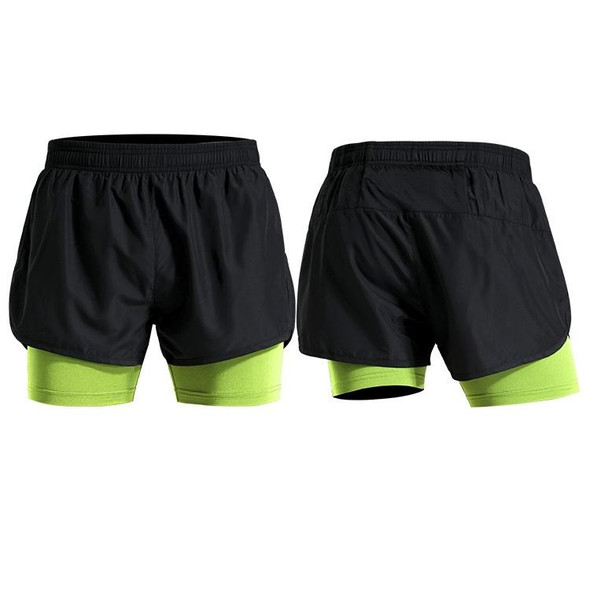Men Fake Two-piece Sports Stretch Shorts (Color:Black Green Size:M)