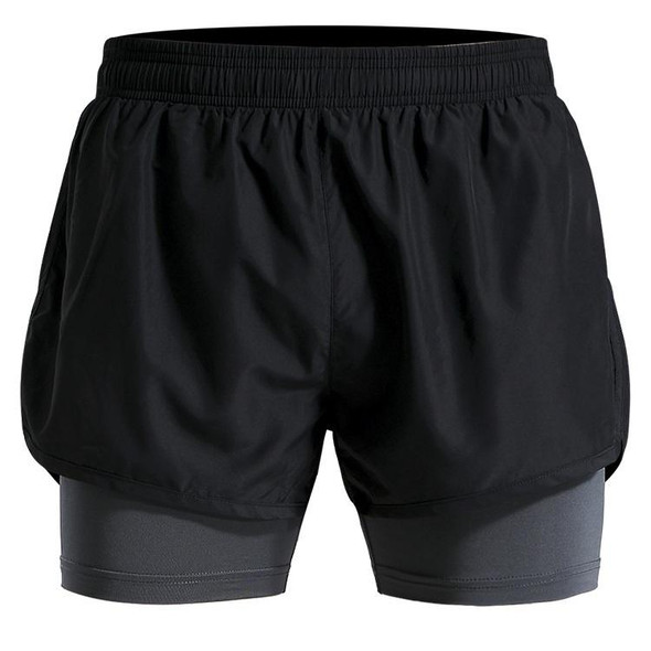 Men Fake Two-piece Sports Stretch Shorts (Color:Black Gray Size:XL)