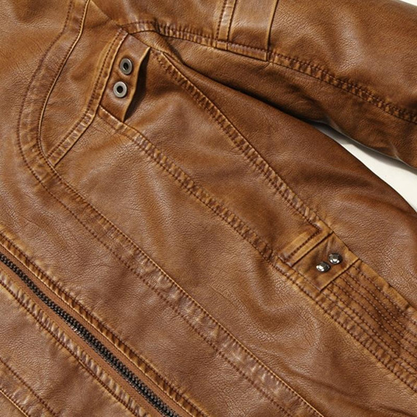 Men Plus Velvet Fashion Leather Jacket Motorcycle Coat (Color:Khaki Size:M)