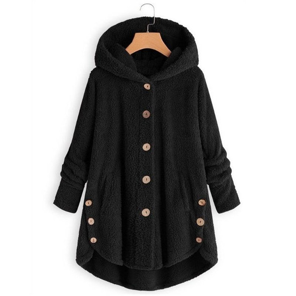 Button Plush Irregular Solid Color Coat (Color:Black Size:XXXXXL)