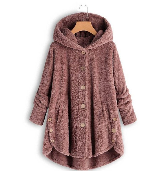 Button Plush Irregular Solid Color Coat (Color:Pink Size:L)