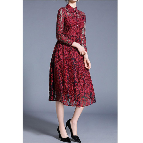 Fashion Vintage Elegant Lace Dress (Color:Wine Red Size:XL)