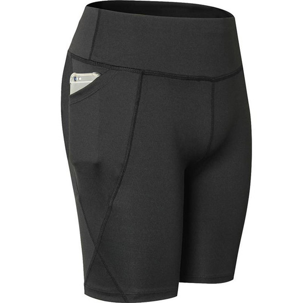 High Elastic Medium High Waist Fitness Exercise Quick Drying Sweat Wicking Tight Shorts With Pocket (Color:Black Size:L)