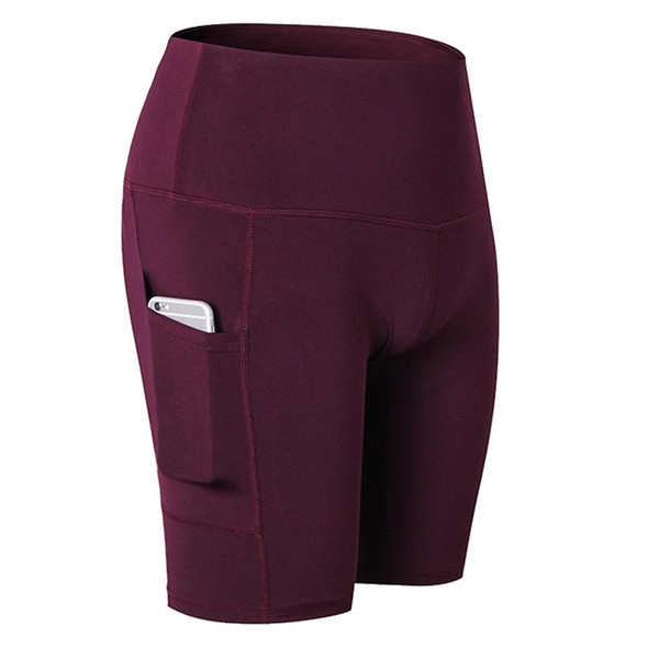 High Waist Yoga Slant Pocket Exercise Quick Dry Tight Elastic Fitness Shorts (Color:Wine Red Size:XL)