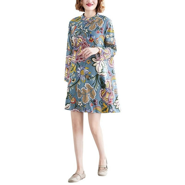 Art Retro Cotton And Linen Improved Cheongsam Dress (Color:As Shown Size:XXL)