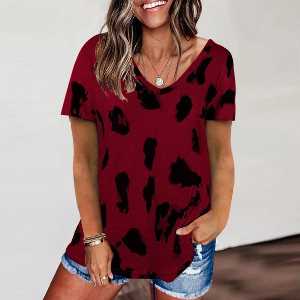 Leopard Texture Print Loose Short Sleeve T-Shirt for Ladies (Color:Wine Red Size:XXXL)