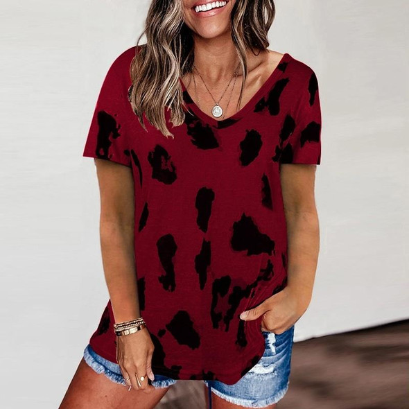 Leopard Texture Print Loose Short Sleeve T-Shirt for Ladies (Color:Wine Red Size:XXL)