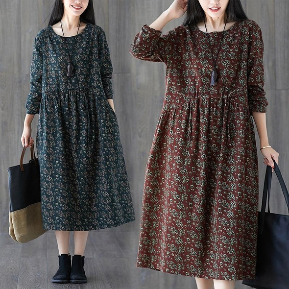 Retro Cotton And Linen Print Drawstring Waist Slimming Mid-length Dress Women (Color:Wine Red Size:M)