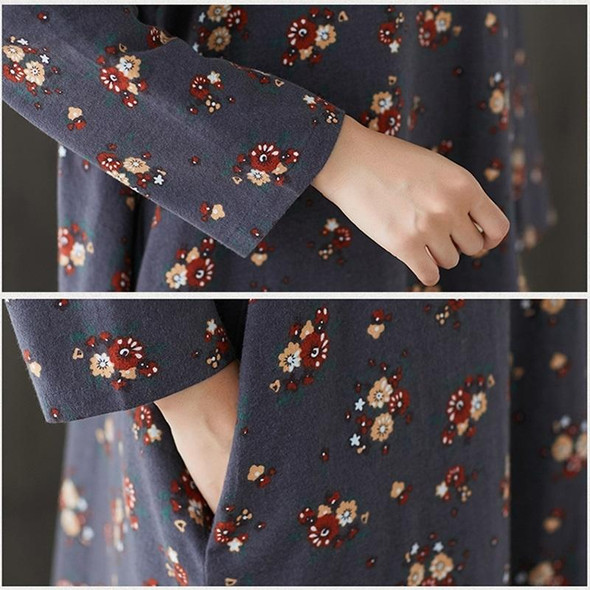 Floral Cotton And Linen Plus Size Retro Mid-length Dress (Color:Gray Blue Size:M)