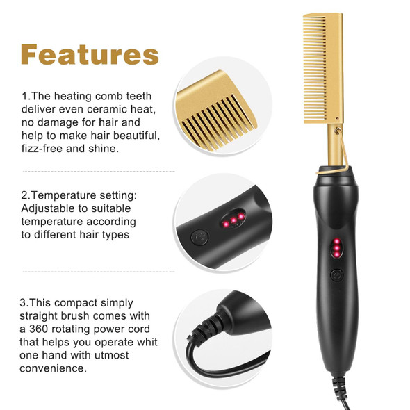 Multifunctional Comb Dry And Wet Dual-Use Curly Hair Straightening Stick Electric Perm Comb UK Plug(Golden)