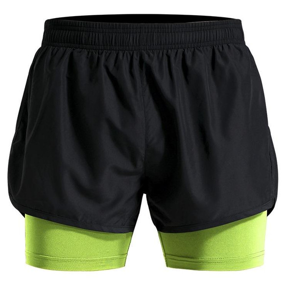 Men Fake Two-piece Sports Stretch Shorts (Color:Black Green Size:L)