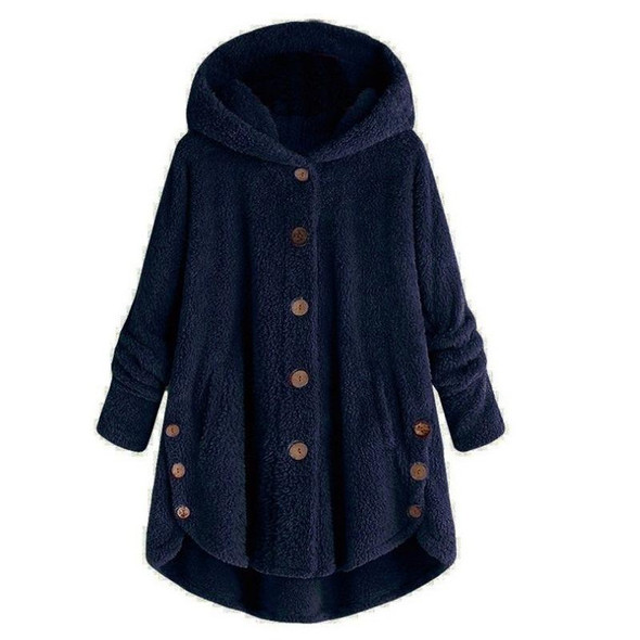 Button Plush Irregular Solid Color Coat (Color:Navy Blue Size:M)