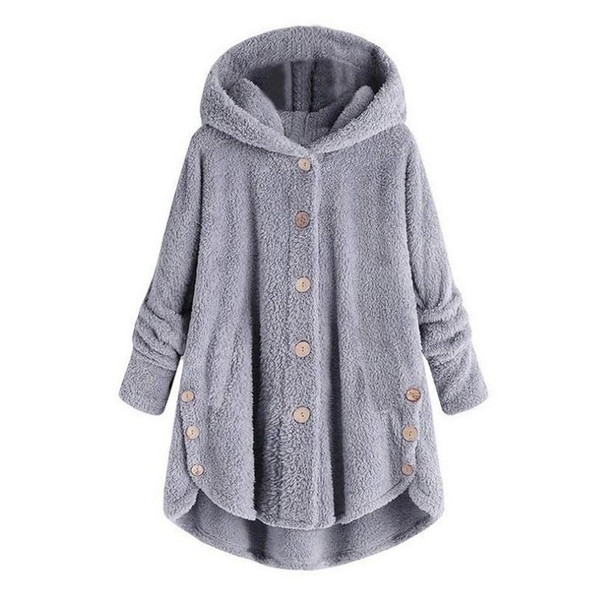 Button Plush Irregular Solid Color Coat (Color:Light Grey Size:XL)